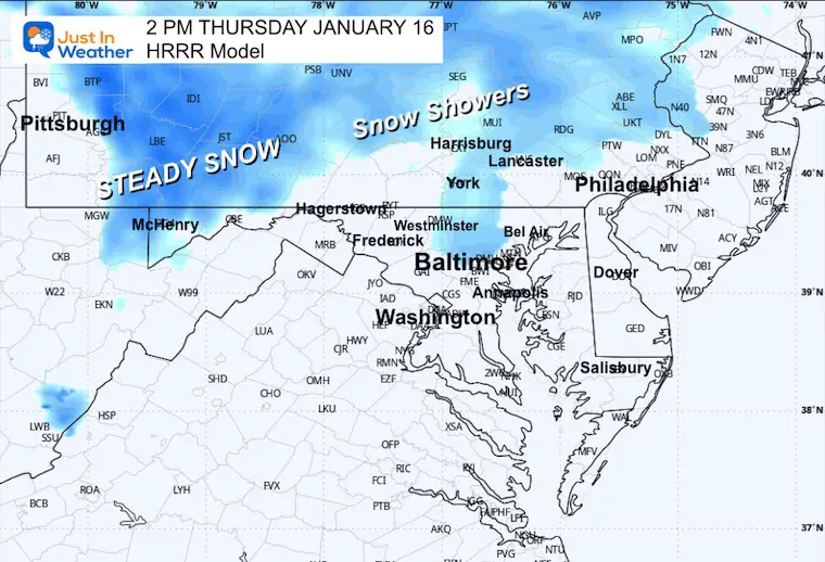 January 16 weather snow radar Thursday 2 pm