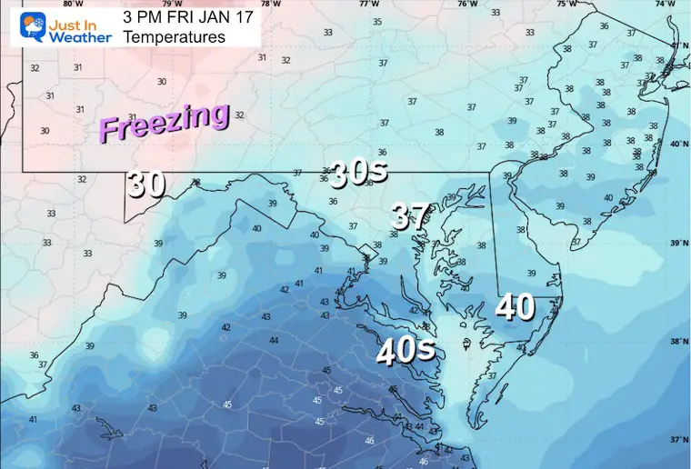 January 16 weather temperatures Friday afternoon