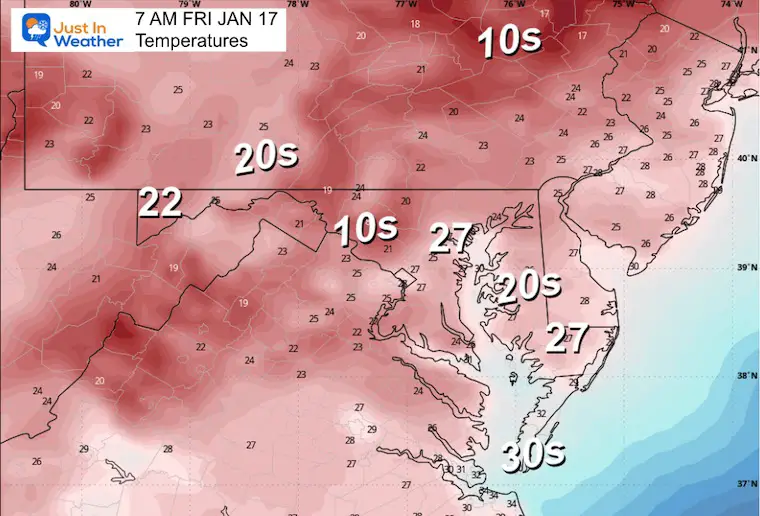 January 16 weather temperatures Friday morning