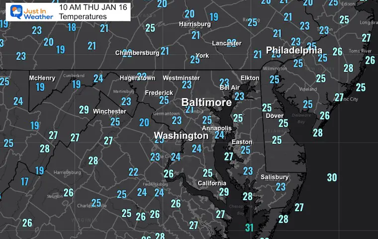 January 16 weather temperatures morning 10 AM