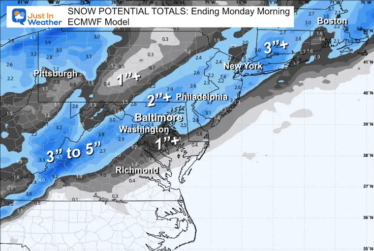 January 17 weather forecast snow totals Sunday ECMWF