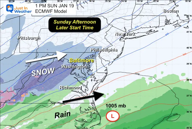 January 17 weather forecast snow forecast Sunday ECMWF early afternoon