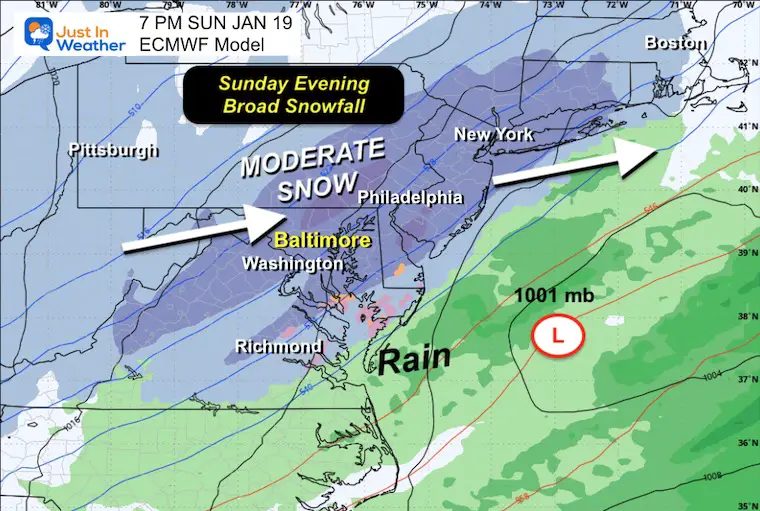 January 17 weather forecast snow forecast Sunday ECMWF evening