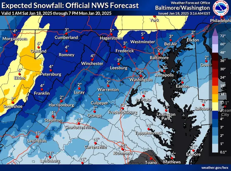 January 18 weather snow total Sunday NWS