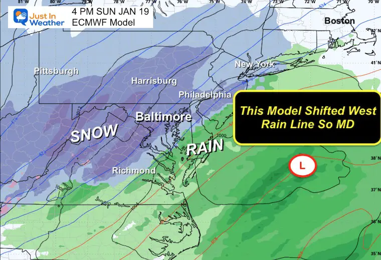 January 18 weather snow storm Sunday 4 PM ECMWF