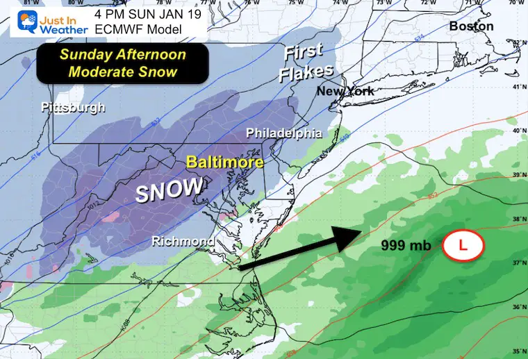 January 18 weather snow Sunday Afternoon ECMWF