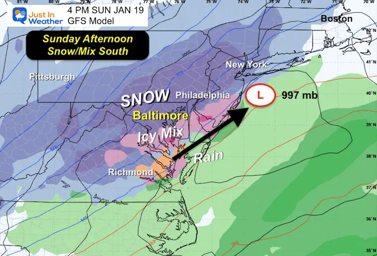 January 18 weather snow Sunday Afternoon GFS