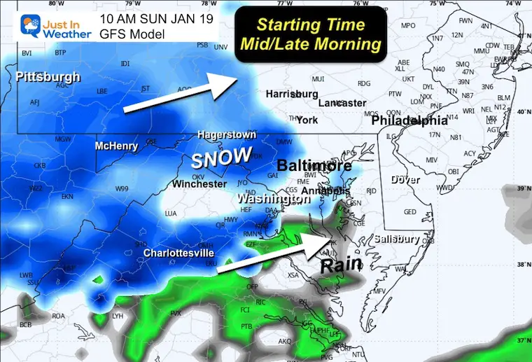 January 18 Weather snow start Sunday GFS