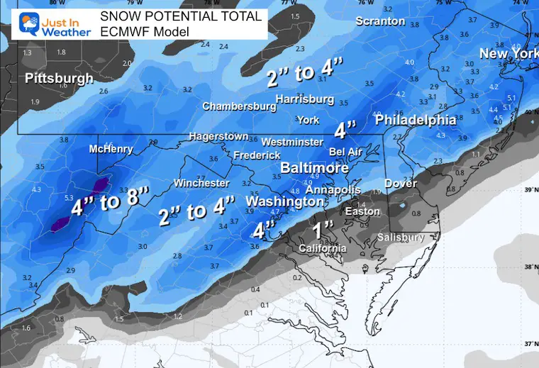 January 18 weather snow total Sunday ECMWF