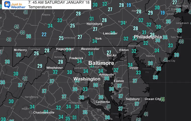 January 18 weather temperatures Saturday morning 