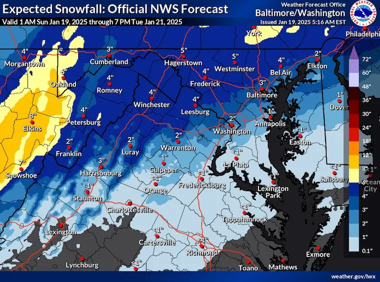 January 19 weather snow total Sunday NWS Maryland Virginia