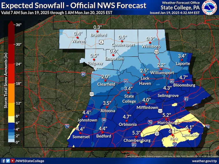 January 19 weather snow total Sunday Pennsylvania