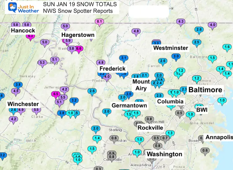 January 19 snow spotter reports NWS Capital DC Maryland Front Ridge