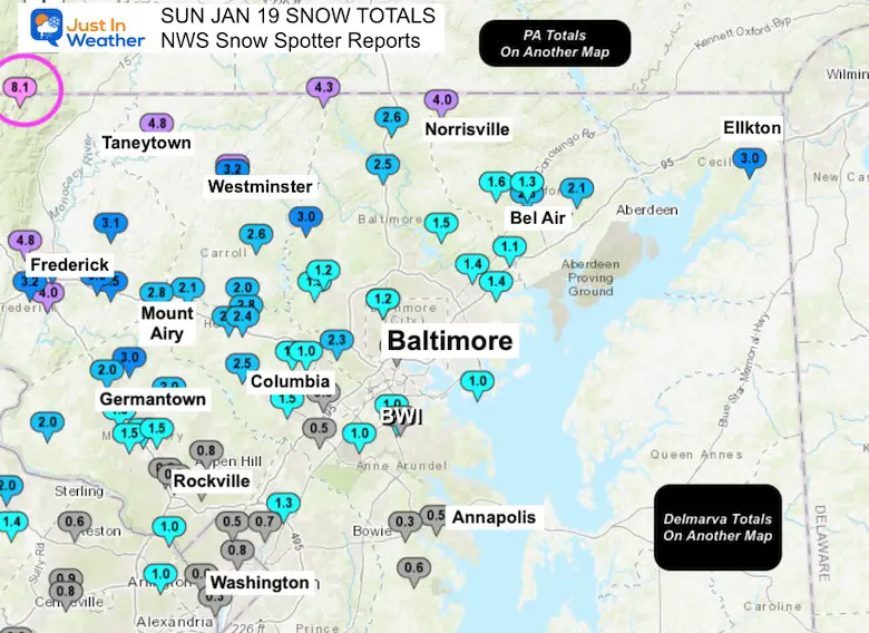 January 19 snow spotter reports NWS Central Maryland