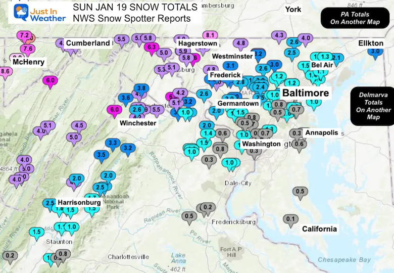 January 19 snow spotter reports NWS Maryland Virginia