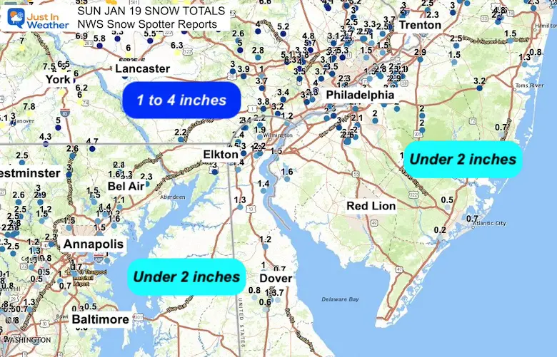 January 19 snow spotter reports NWS Delmarva Philadelphia