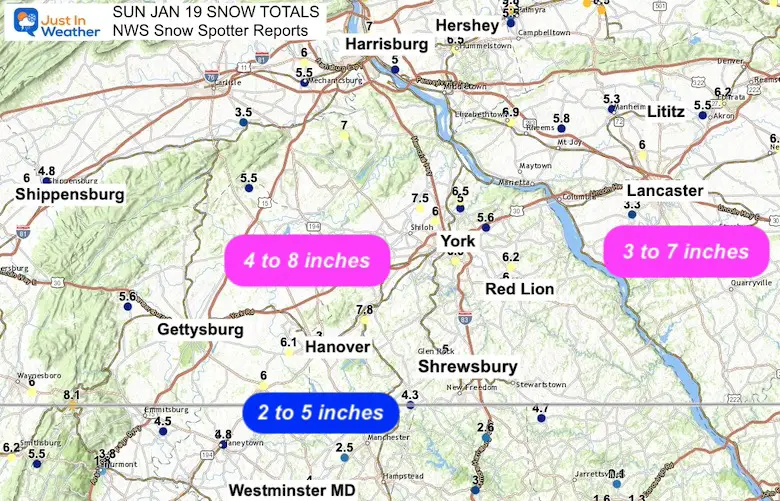 January 19 snow spotter reports NWS Southern Pennsylvania