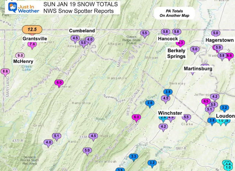 January 19 snow spotter reports NWS Western Maryland Mountains