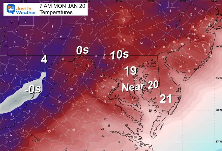 January 19 weather temperatures Monday morning