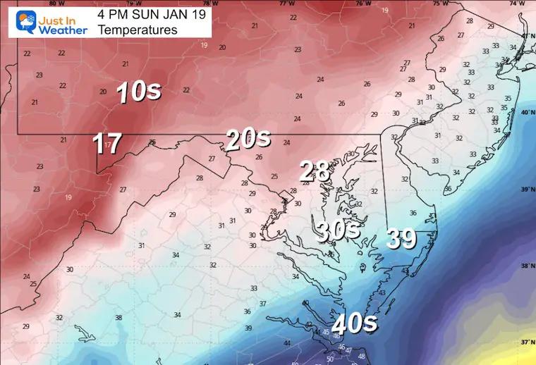 January 19 weather temperatures Monday afternoon