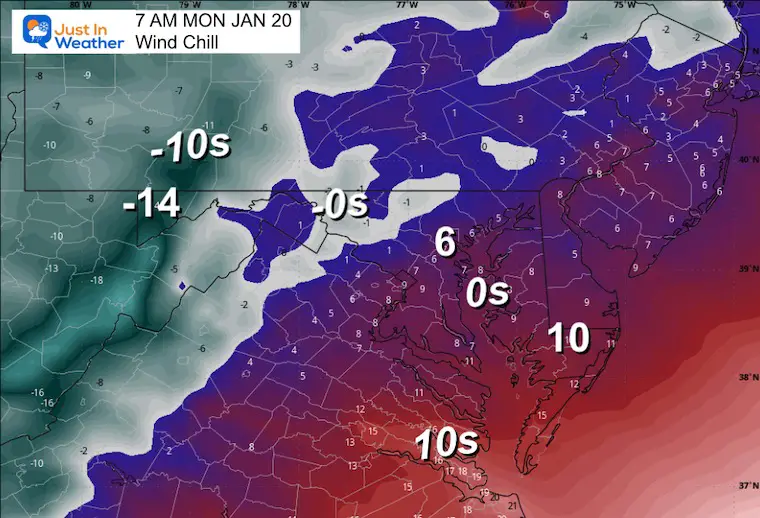 January 19 weather wind chill Monday morning