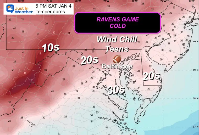 January 2 weather temperatures Ravens Game Saturday