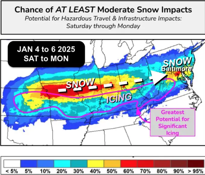 January 2 snow ice impact Monday NOAA