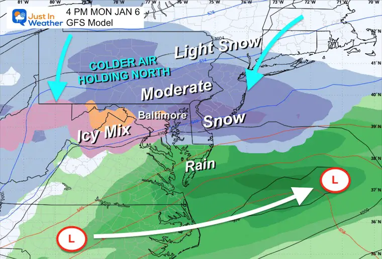 January 2 weather snow ice storm Monday afternoon GFS