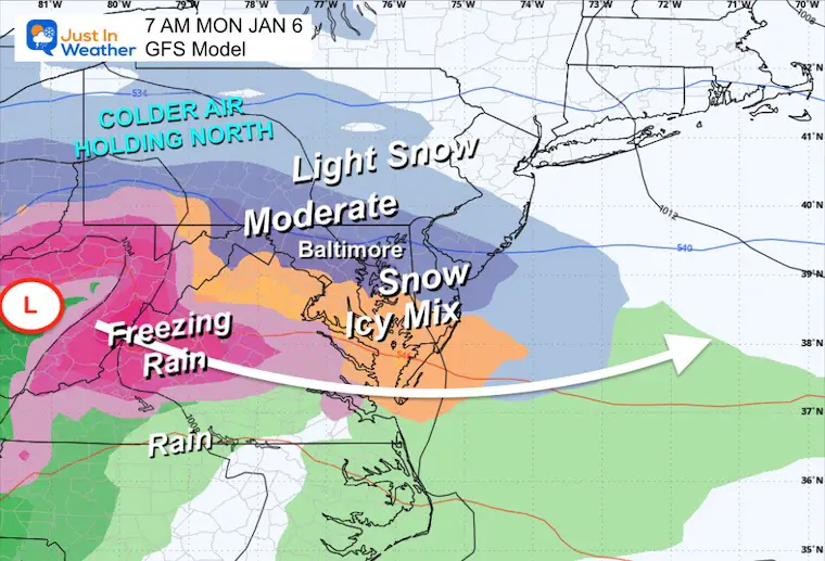 January 2 weather snow ice storm Monday morning GFs