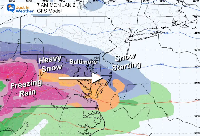 January 2 weather snow forecast Monday morning GFS