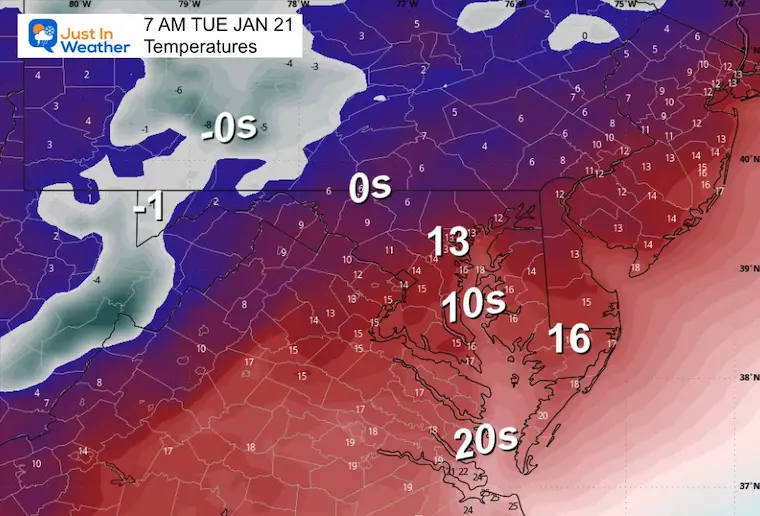 January 20 weather temperatures Tuesday Morning