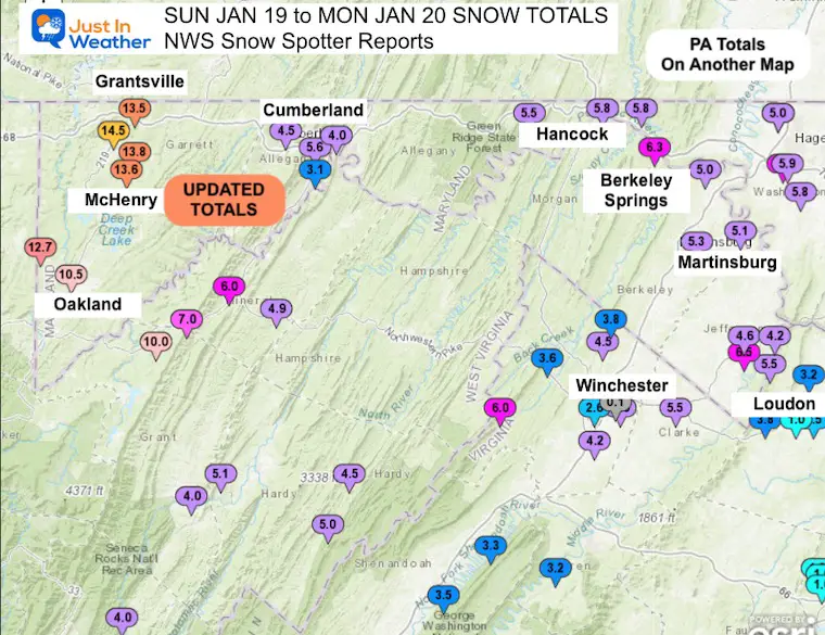 January 19 snow spotter reports NWS Western Maryland Mountains UPDATED