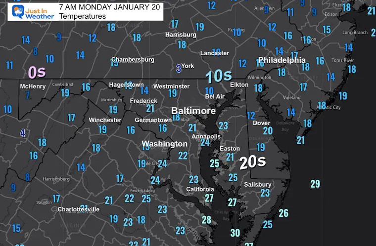 January 20 weather temperatures Monday Morning