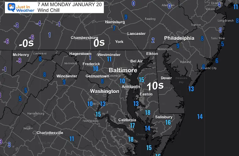 January 20 weather wind chill Monday Morning