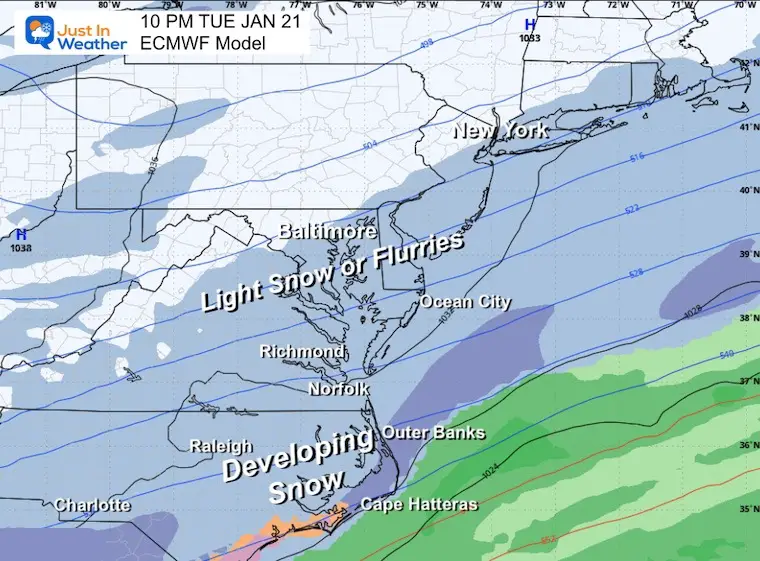 January 21 weather snow Tuesday Night