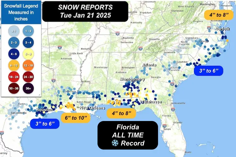 January 21 snow reports southern US