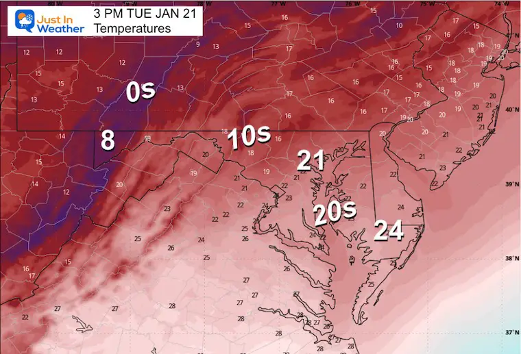 January 21 weather temperatures Tuesday afternoon 