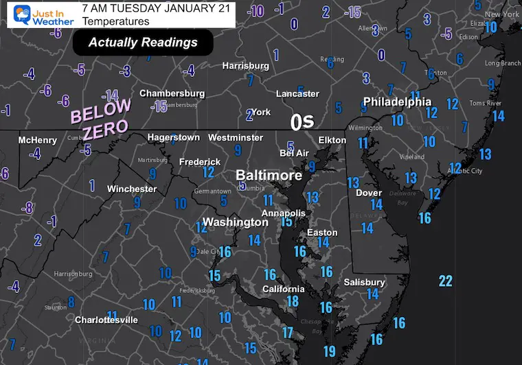 January 21 weather temperatures Tuesday morning