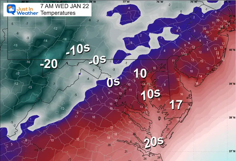 January 21 weather temperatures Wednesday morning