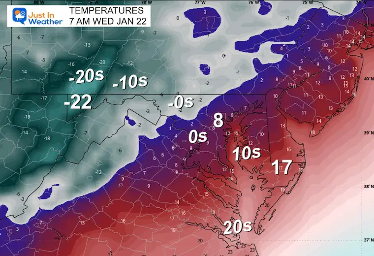 January 21 weather temperatures Wednesday morning