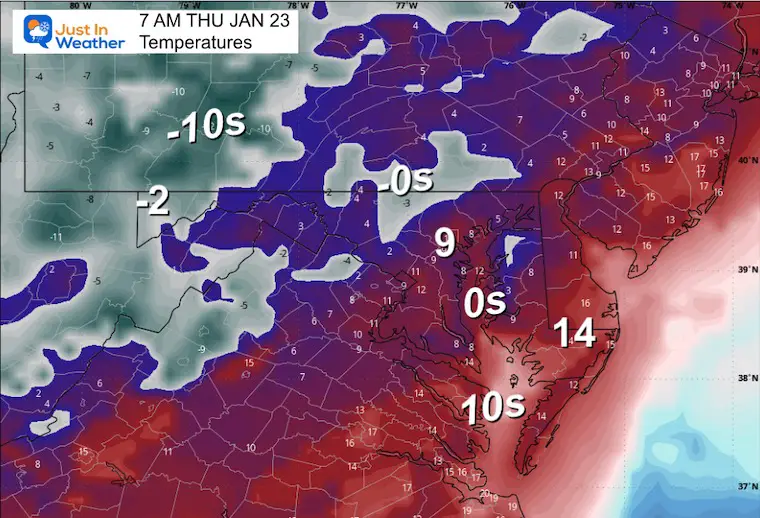 January 22 weather temperatures Thursday morning