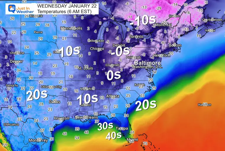 January 22 weather temperatures US Wednesday morning