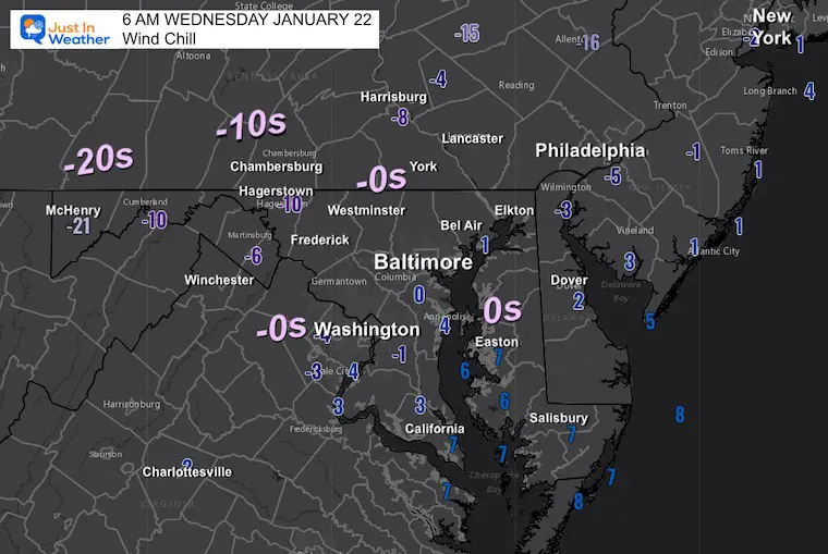 January 22 weather wind chill Wednesday morning