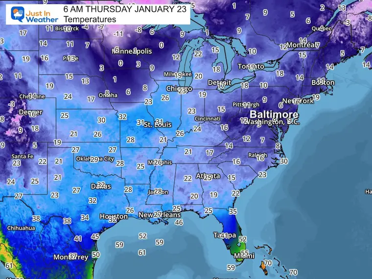 January 23 Weather Thursday morning temperatures