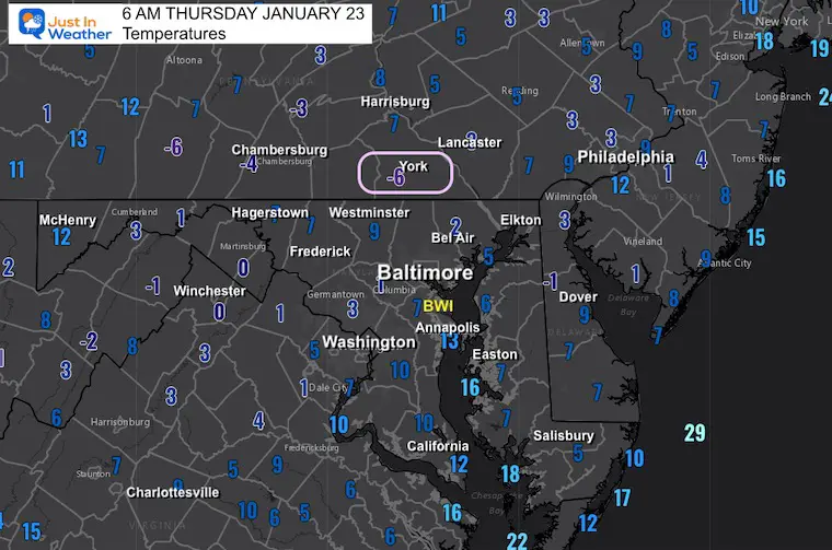 January 23 Weather Thursday morning temperatures local