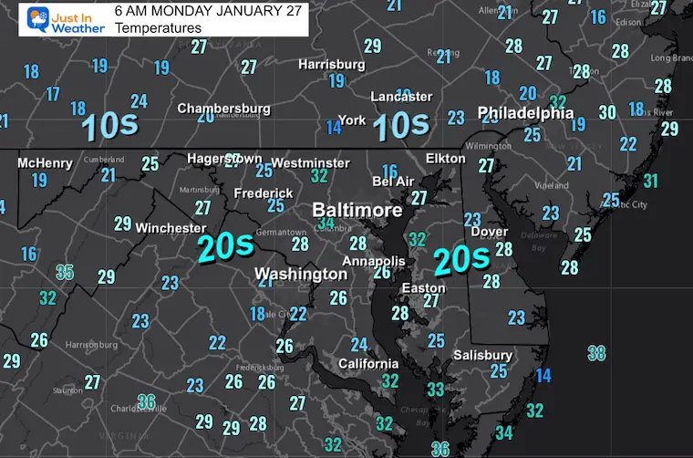 January 27 weather temperatures Monday morning