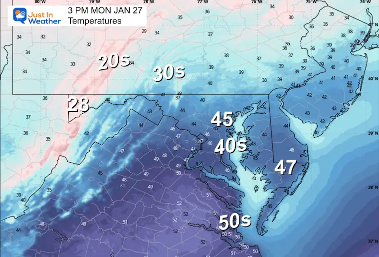 January 27 weather forecast temperatures Monday afternoon