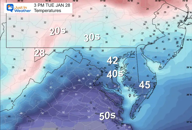 January 27 weather forecast temperatures Tuesday afternoon