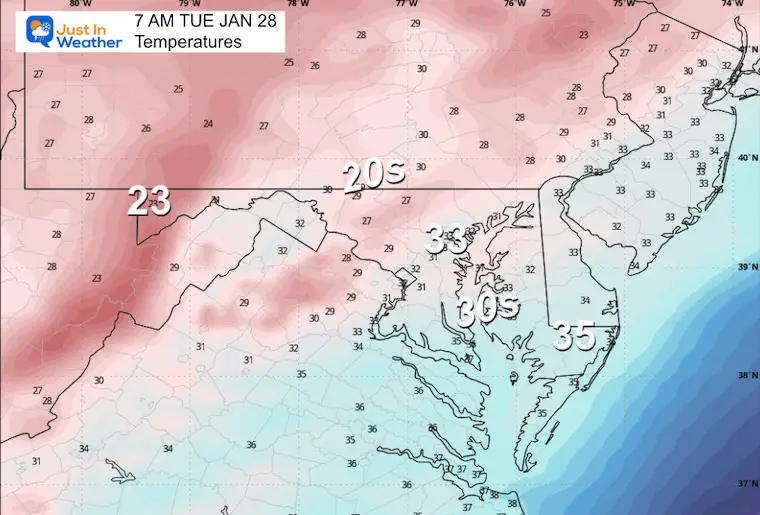 January 27 weather forecast temperatures Tuesday morning