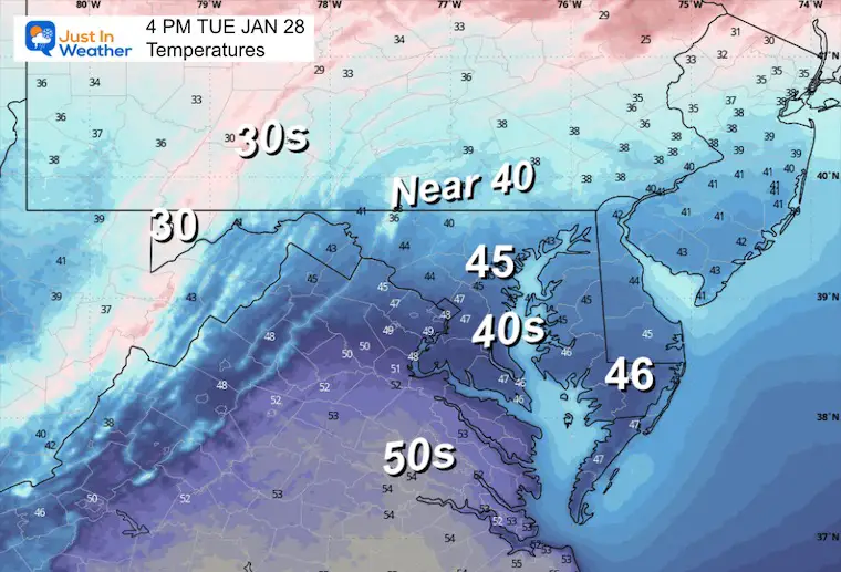 January 28 weather temperatures Tuesday afternoon